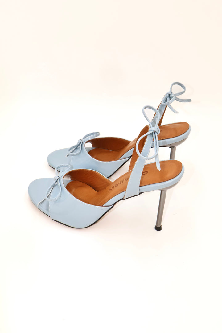 Qafarrin PELORIA ICE – Ice Blue Patent Leather Genuine Calfskin Bow Detailed Thin Heel Sandals