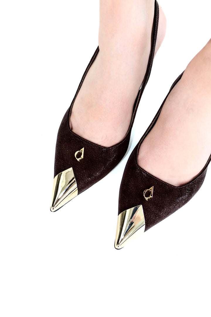 QAFARRIN CROWN CACAO IMPÉRIAL – Hakiki Dana Deri Altın Burun Detaylı Stiletto Mule