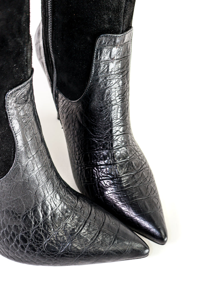 Qafarrin VANGUARD RIVET – Kroko Dokulu Hakiki Dana Derisi &amp; Süet Detaylı Noir Couture Boot