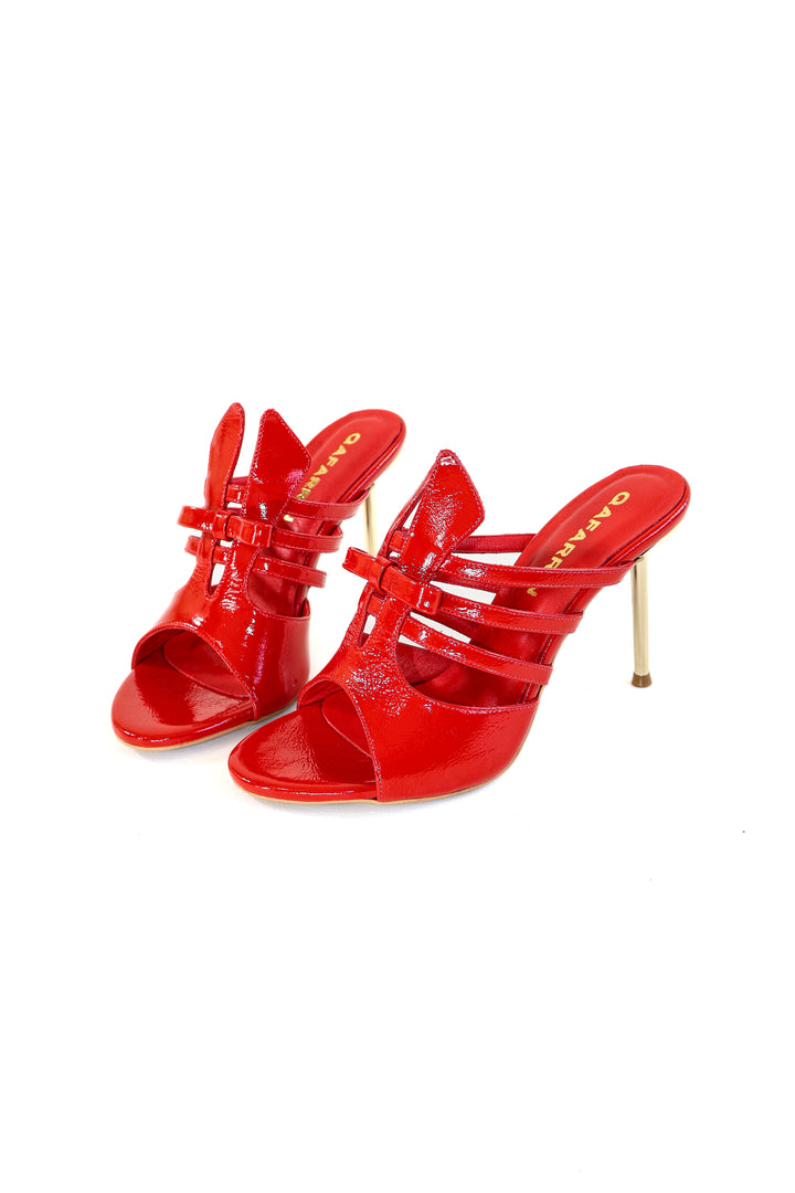 QAFARRIN CELEVA – Vermilion Red Rugan Hakiki Dana Deri İnce Metal Topuklu Mule
