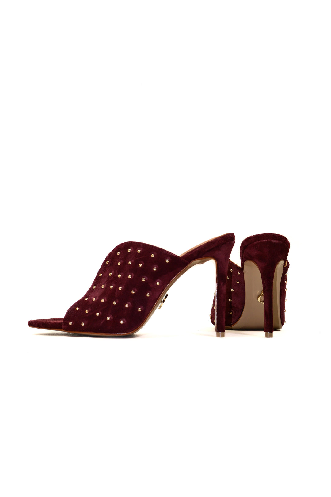 QAFARRIN IMPERA – Burgundy Hakiki Dana Süet Deri Gold Stud Mule Stiletto