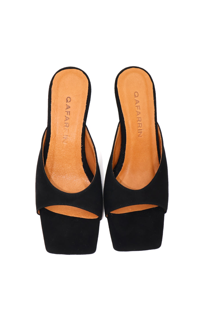 Qafarrin SYRAH – Black Suede Genuine Calfskin 6 cm Heel Mule Slippers
