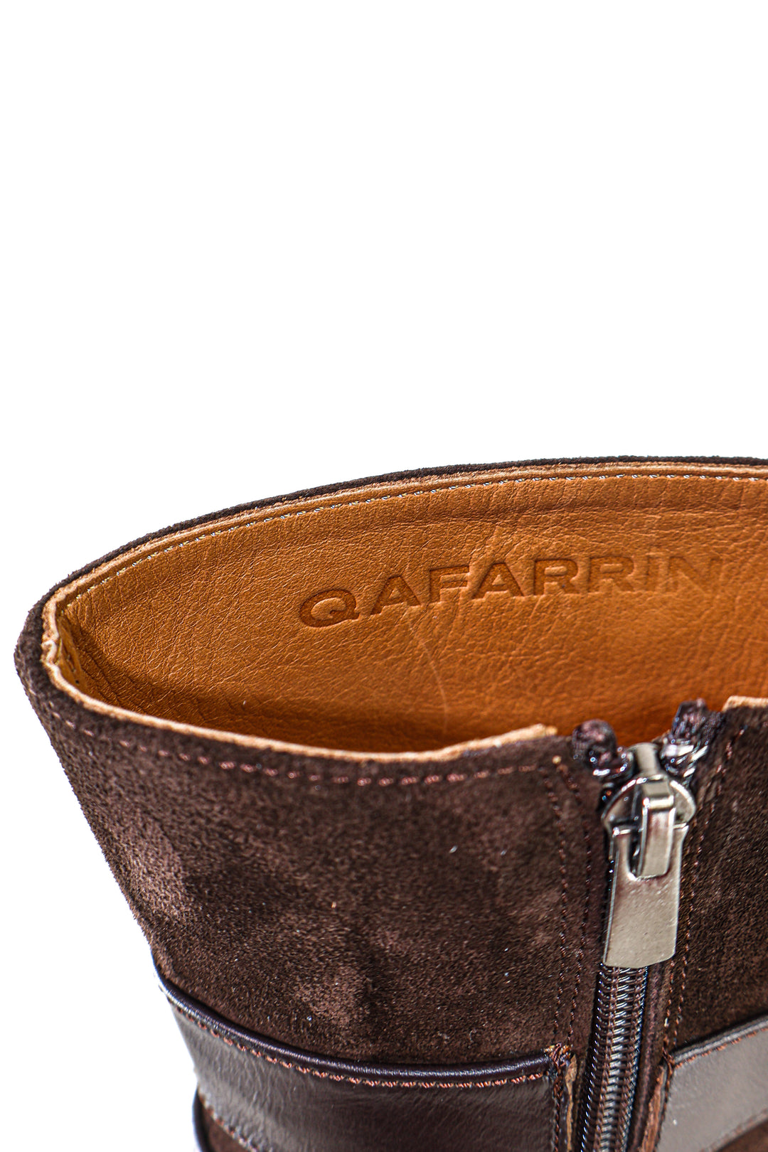 Qafarrin DIONEA – Espresso Suede & Cocoa Prime-Cut Hakiki Deri Atelier-Crafted Platform Couture Bot