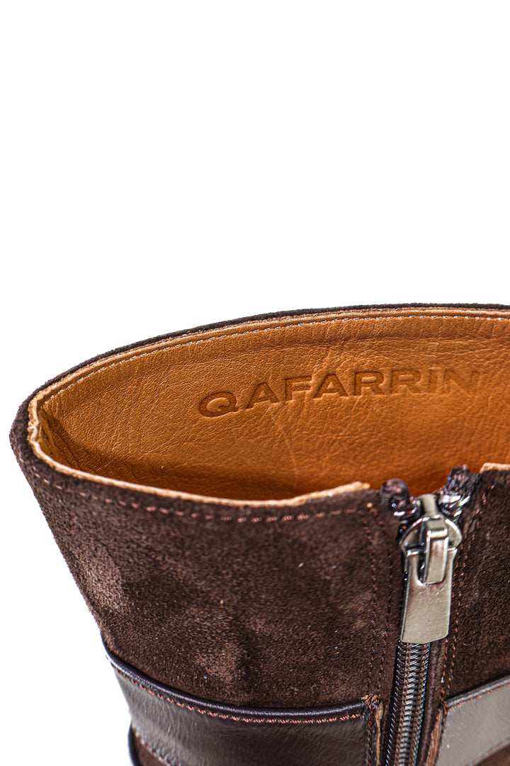 Qafarrin DIONEA – Espresso Suede & Cocoa Prime-Cut Hakiki Deri Atelier-Crafted Platform Couture Bot