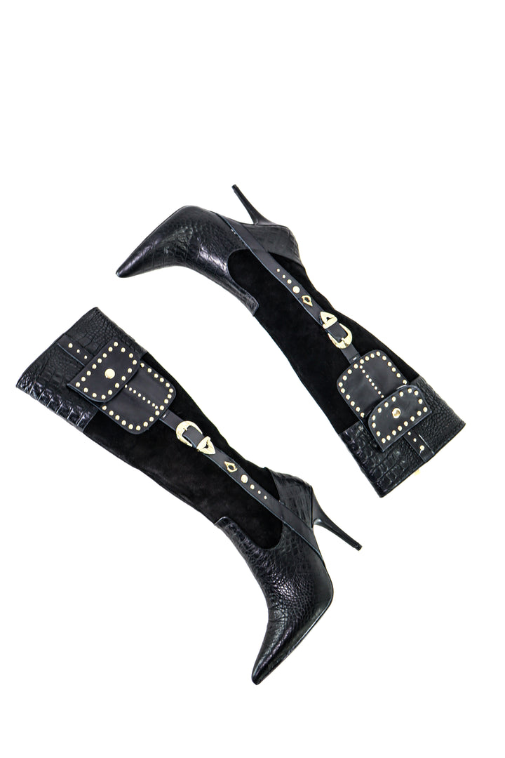 Qafarrin VANGUARD RIVET – Kroko Dokulu Hakiki Dana Derisi &amp; Süet Detaylı Noir Couture Boot