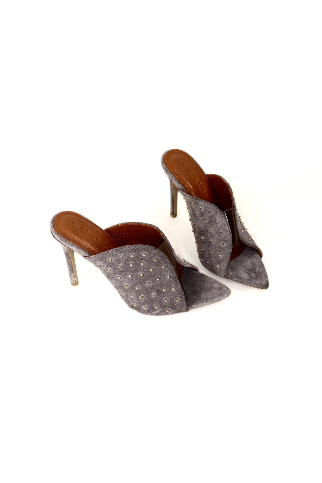 QAFARRIN IMPERA – Grey Hakiki Dana Süet Deri Gold Stud Mule Stiletto