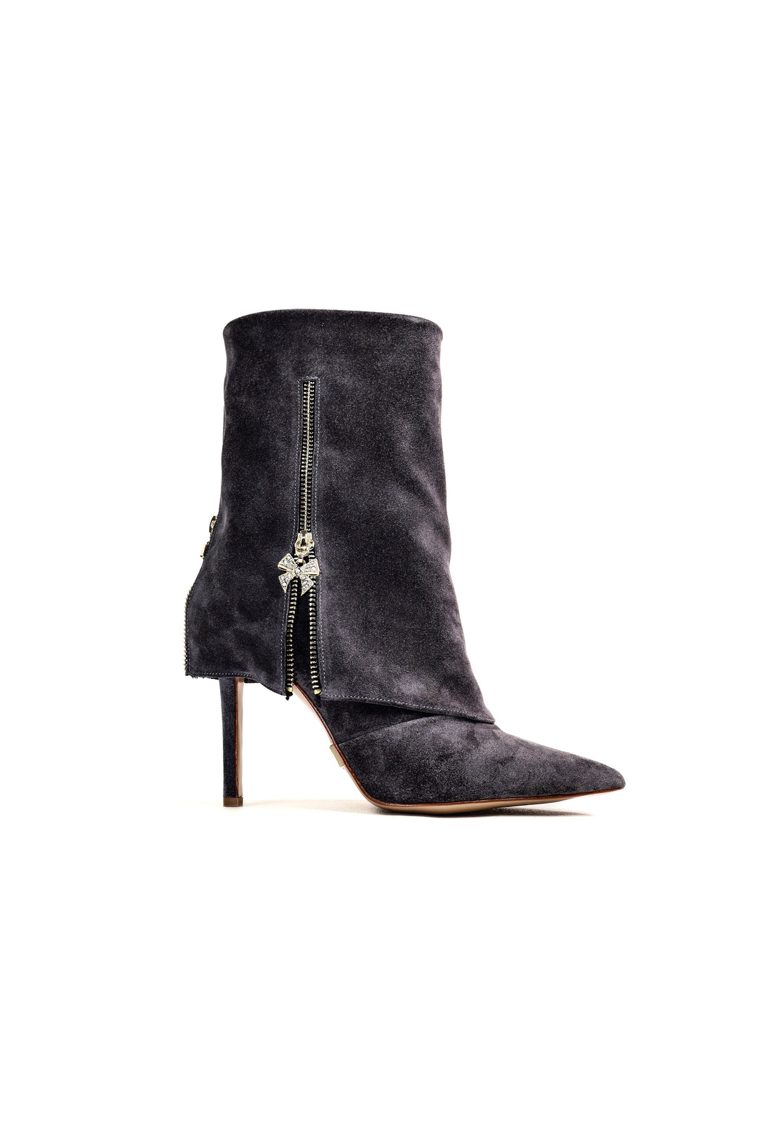 QAFARRIN NÉLIA – Dark Grey Hakiki Dana Süet Deri Kristal Fiyonk Detaylı Fermuarlı Stiletto Bot