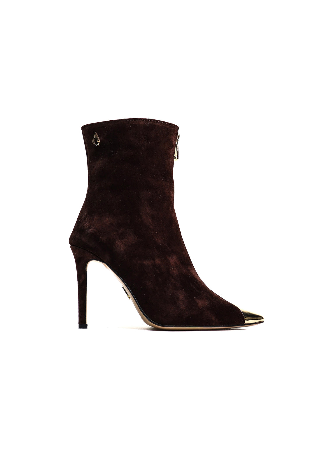 QAFARRIN MARGOT – Deep Chocolate Brown Hakiki Dana Süet Deri Gold Metal Stiletto Bot
