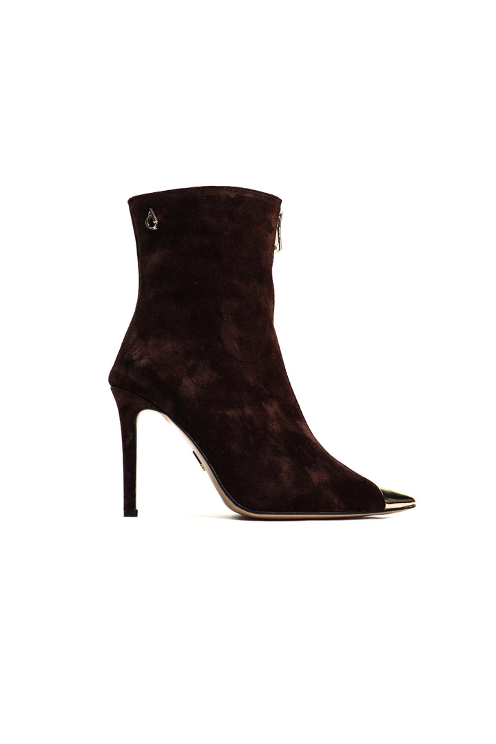 QAFARRIN MARGOT – Deep Chocolate Brown Hakiki Dana Süet Deri Gold Metal Stiletto Bot