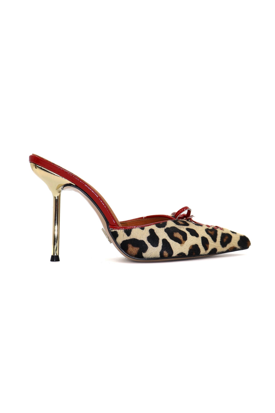 Qafarrin VIOLA ROUGE LEOPARD – Genuine Thai Hair Mule Stiletto with Red Patent Leather Calfskin Detail