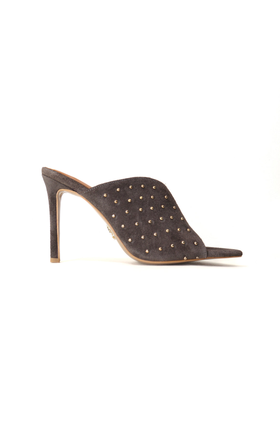 QAFARRIN IMPERA – Charcoal Grey Hakiki Dana Süet Deri Gold Stud Mule Stiletto