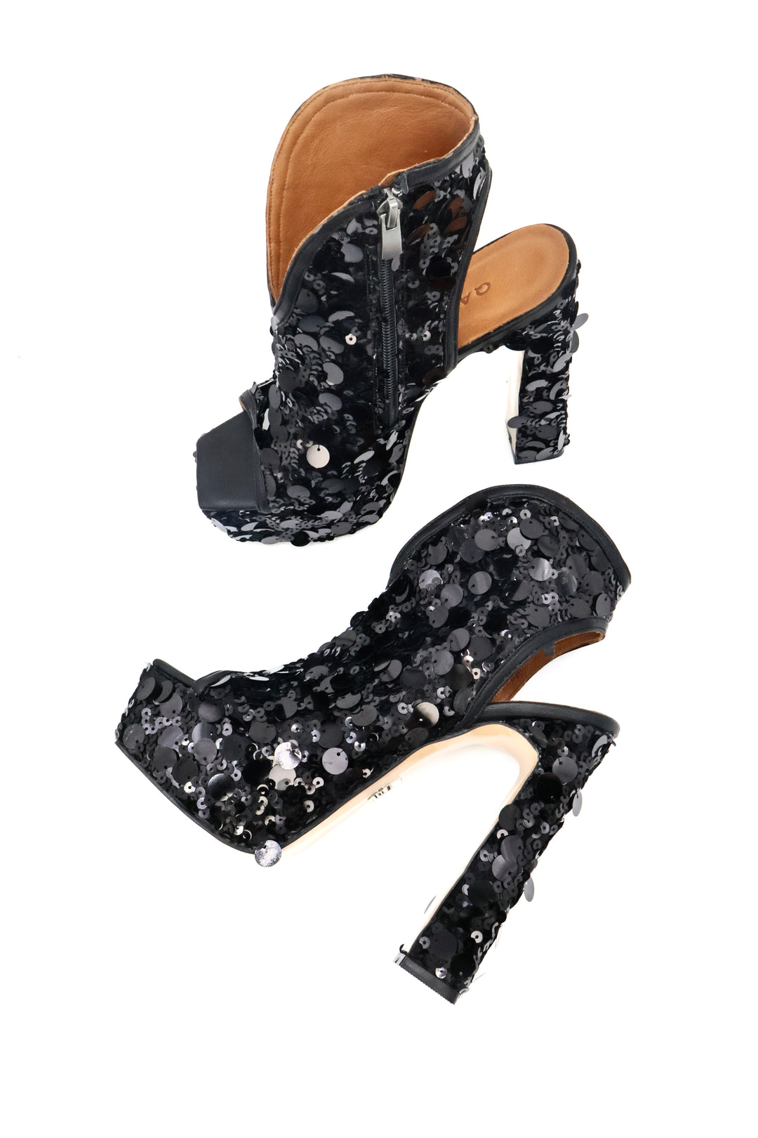 Qafarrin SERENZA NOIR – Black Sequined Genuine Calfskin Platform Peep Toe Bootie