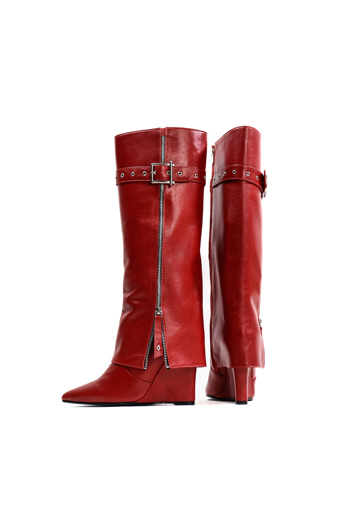 QAFARRIN VESPER – Deep Red Hakiki Dana Deri Sculptural Wedge Çizme