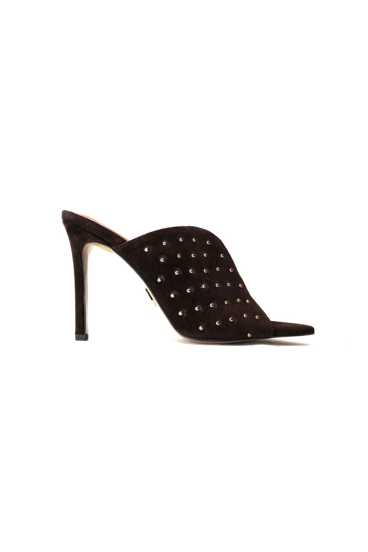 QAFARRIN IMPERA – Espresso Brown Hakiki Dana Süet Deri Gold Stud Mule Stiletto