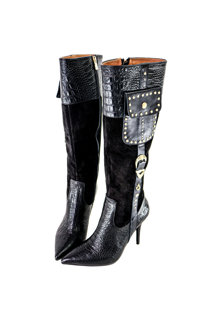 Qafarrin VANGUARD RIVET – Kroko Dokulu Hakiki Dana Derisi &amp; Süet Detaylı Noir Couture Boot