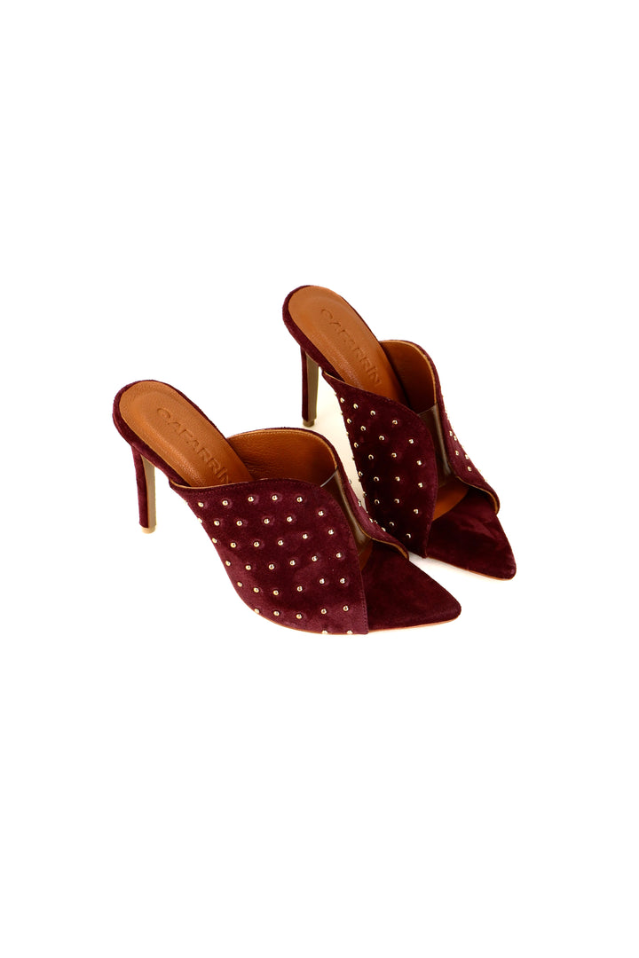 QAFARRIN IMPERA – Burgundy Hakiki Dana Süet Deri Gold Stud Mule Stiletto