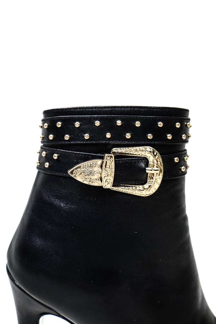 QAFARRIN DRAZÉ – Black Hakiki Dana Deri Gold Stud &amp; Buckle Hardware Detaylı Platform Bot