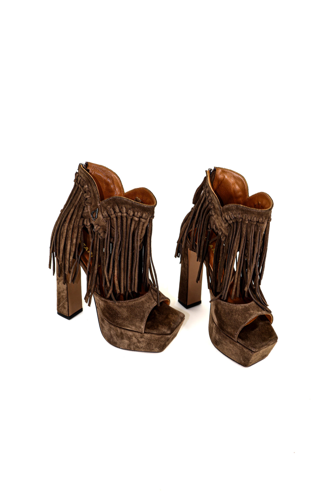 QAFARRIN THÉLION SAUVAGE – Espresso Suede Hakiki Deri Fringe Platform Heels