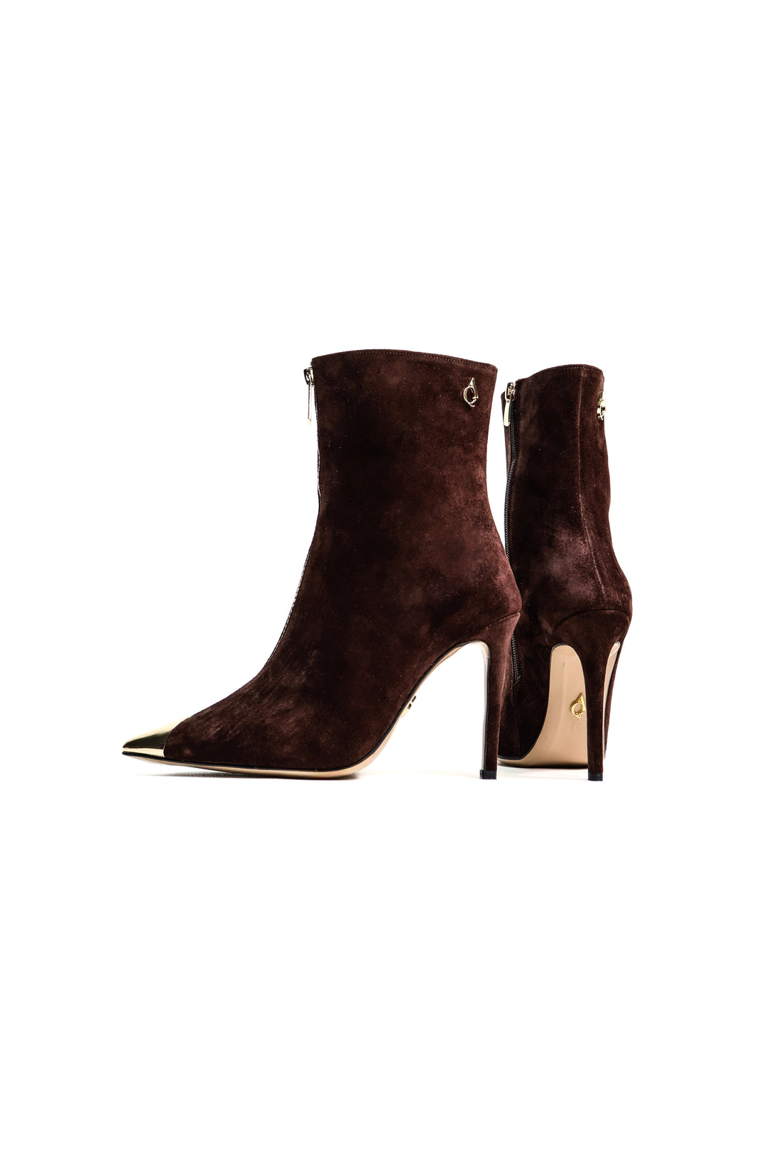 QAFARRIN MARGOT – Deep Chocolate Brown Hakiki Dana Süet Deri Gold Metal Stiletto Bot