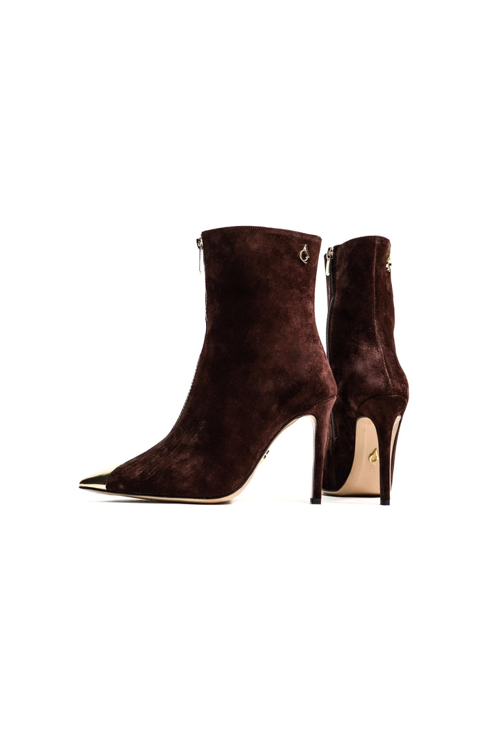 QAFARRIN MARGOT – Deep Chocolate Brown Hakiki Dana Süet Deri Gold Metal Stiletto Bot