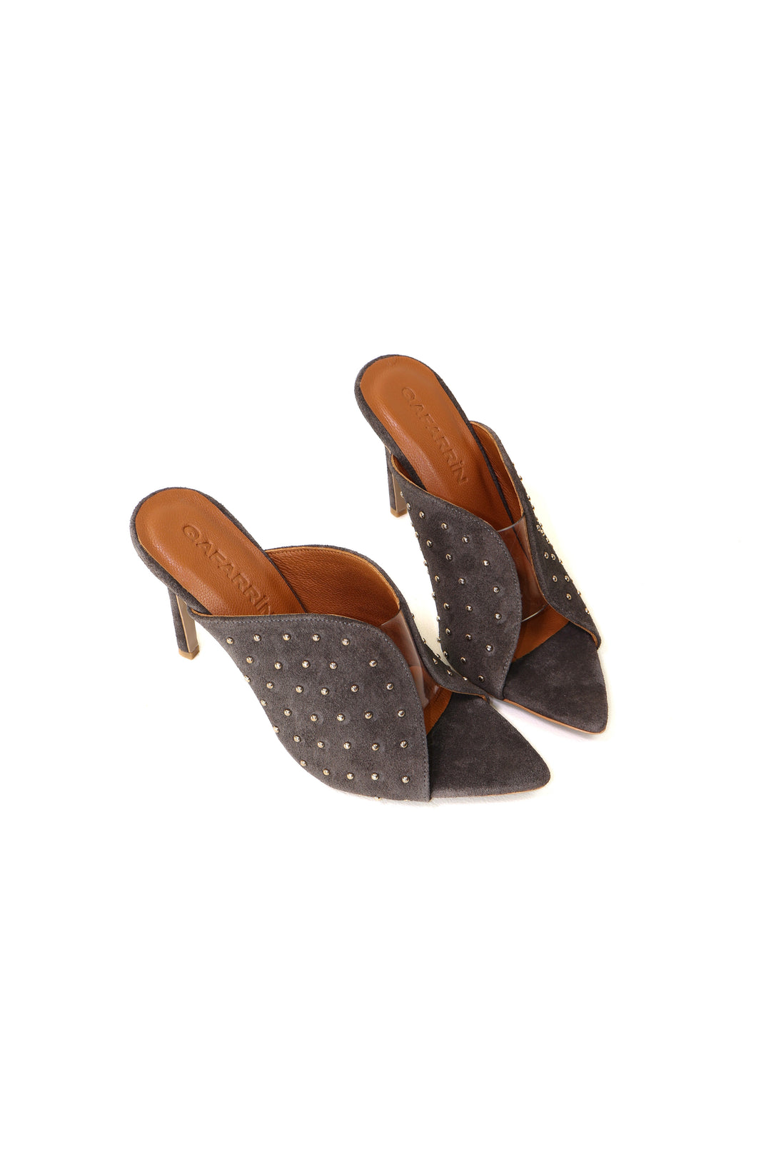 QAFARRIN IMPERA – Charcoal Grey Hakiki Dana Süet Deri Gold Stud Mule Stiletto