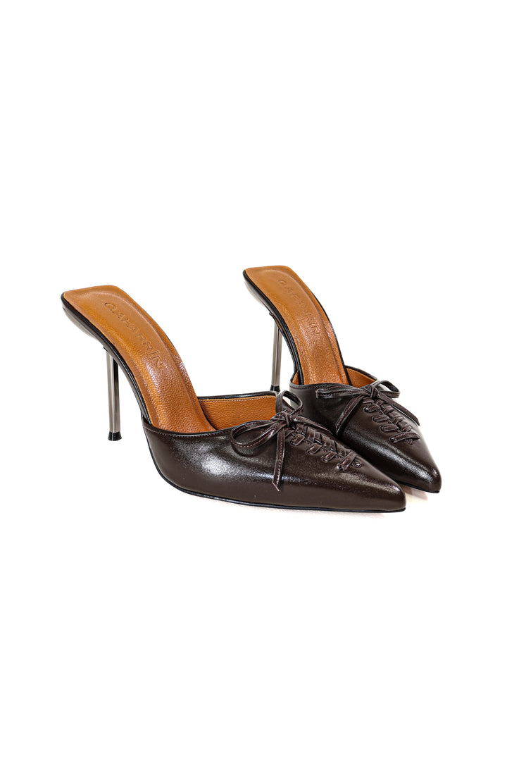 QAFARRIN VIOLA – Espresso Brown Hakiki Dana Deri Mule Stiletto
