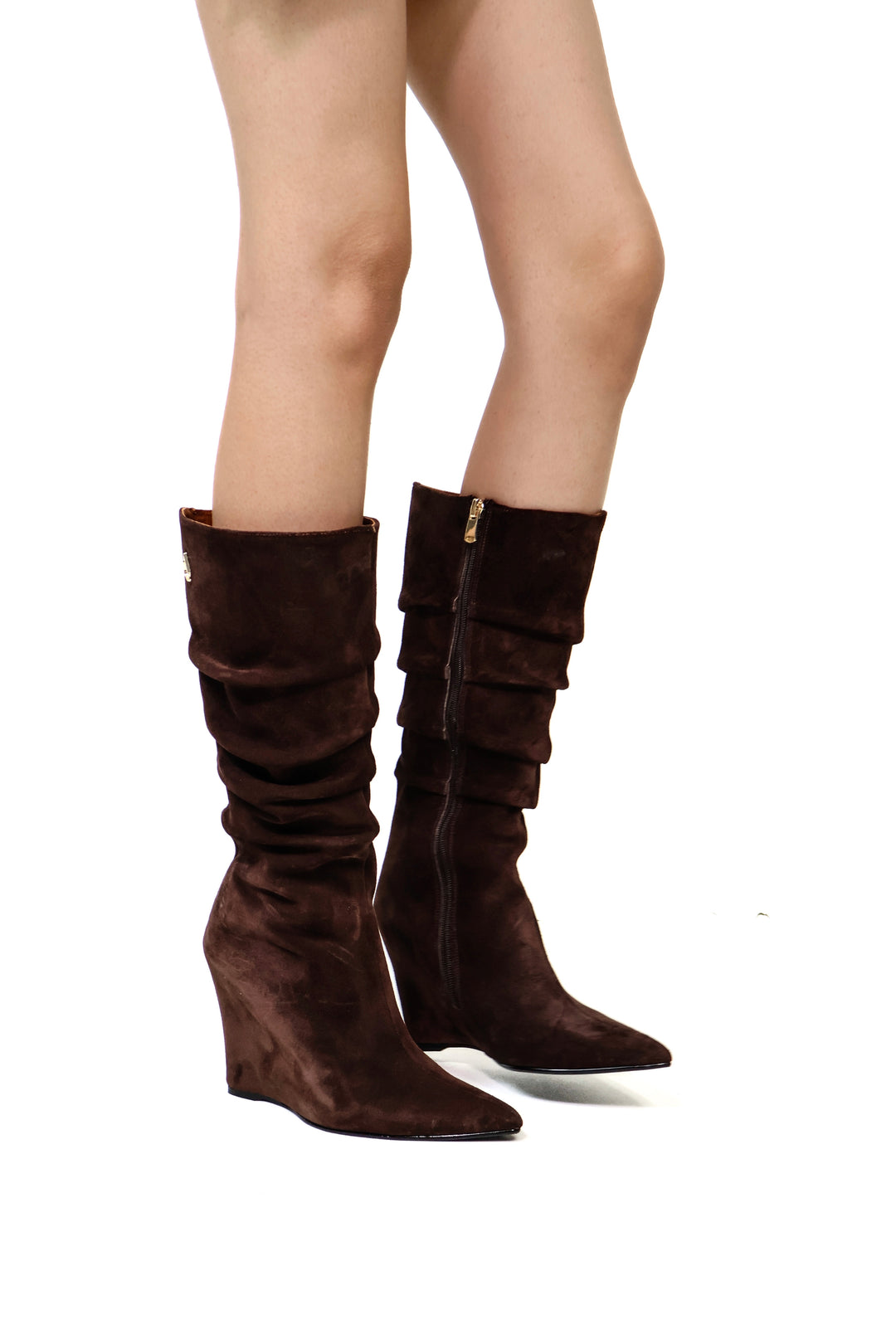 QAFARRIN VYREN – Deep Espresso Brown Hakiki Dana Süet Deri Sculptural Wedge Çizme