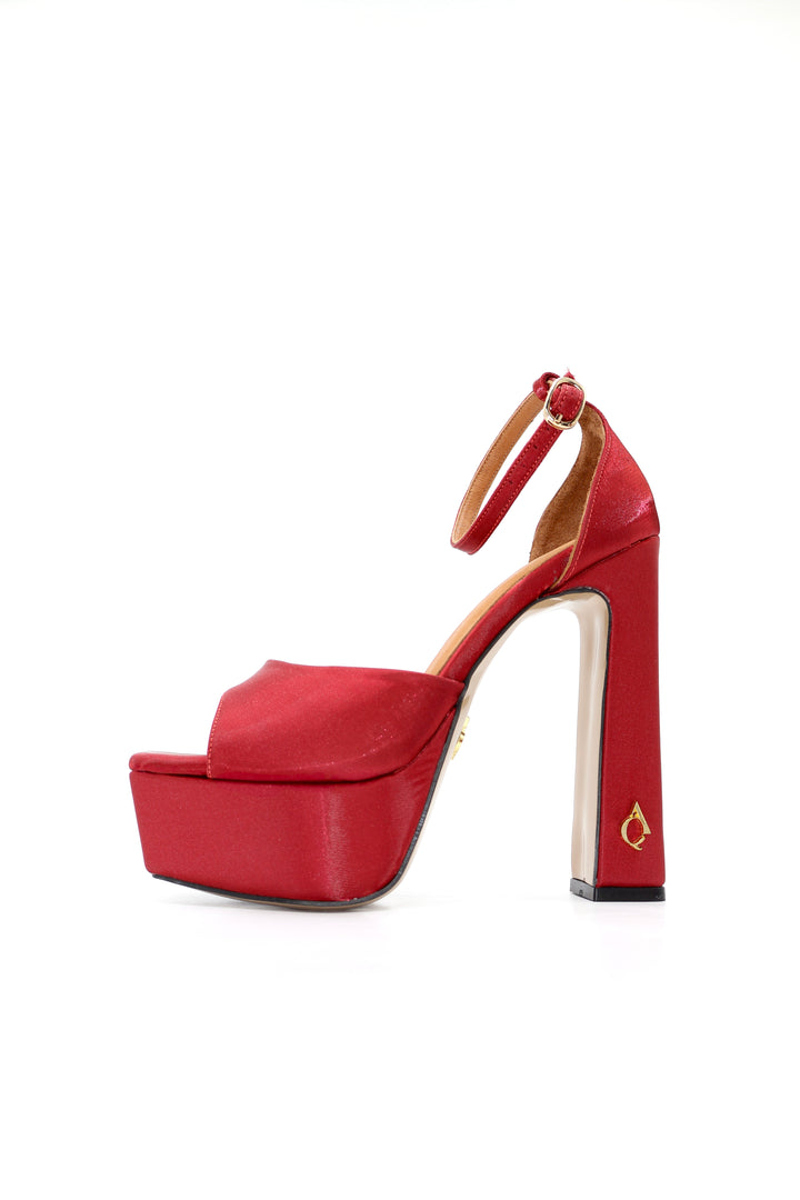 Qafarrin VERDELIA SATIN – Bordo İpek Saten Hakiki Dana Deri Platform Topuklu Sandalet