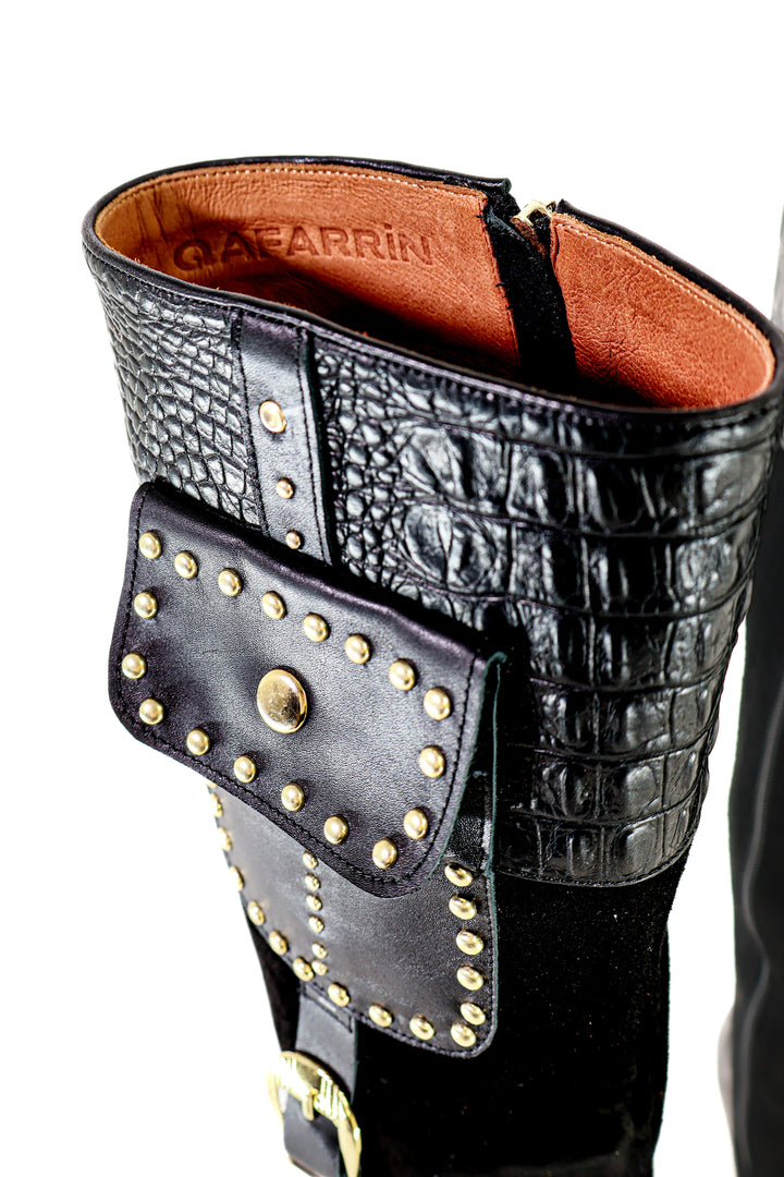 Qafarrin VANGUARD RIVET – Kroko Dokulu Hakiki Dana Derisi &amp; Süet Detaylı Noir Couture Boot