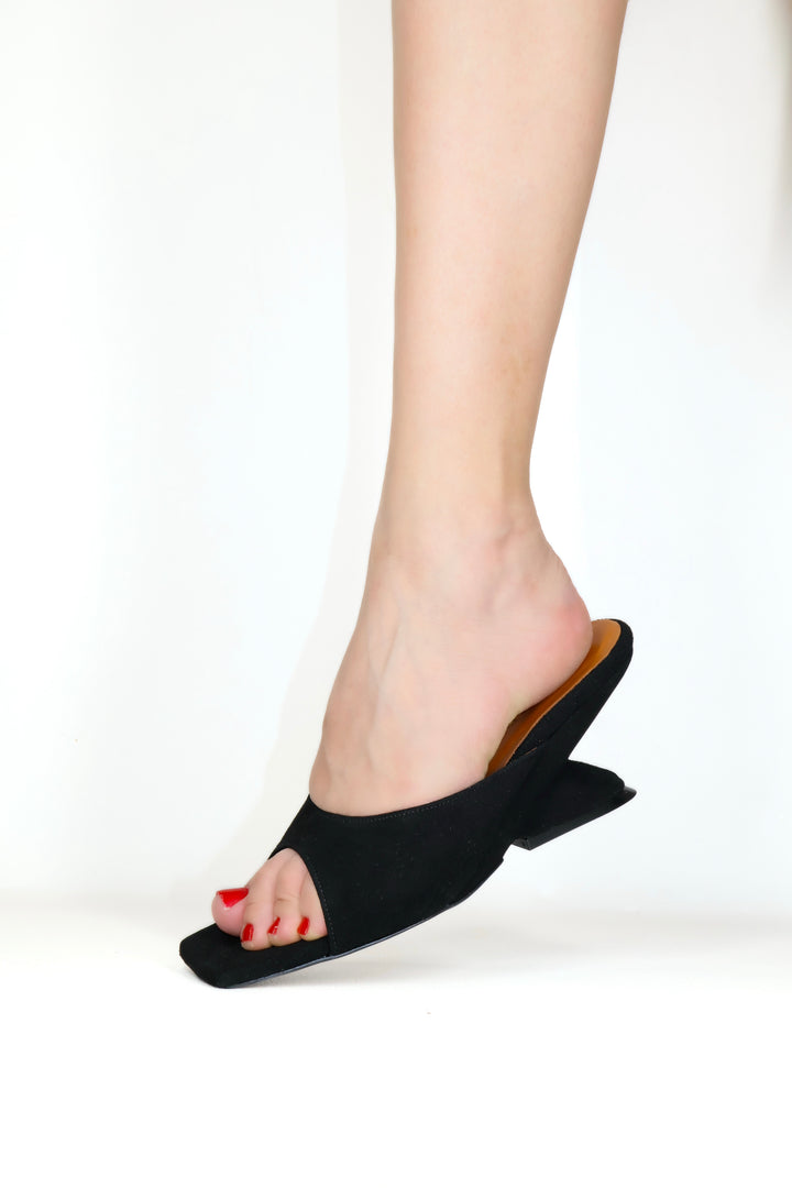 Qafarrin SYRAH – Black Suede Genuine Calfskin 6 cm Heel Mule Slippers