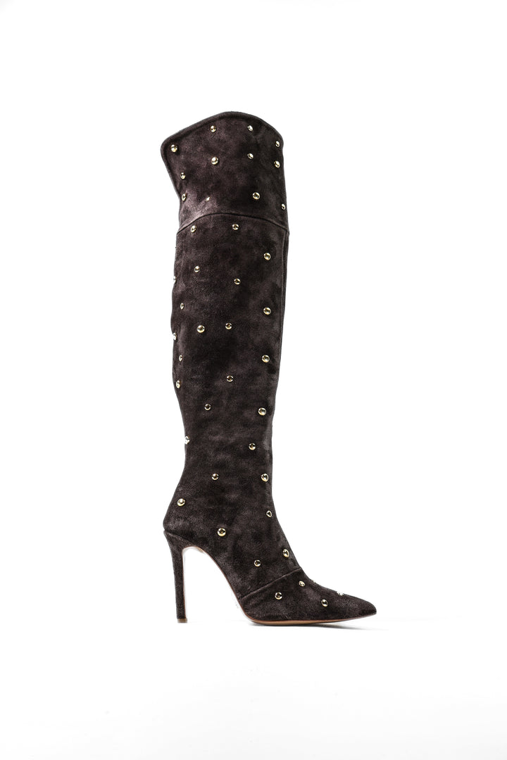 QAFARRIN VETTA – Deep Espresso Brown Hakiki Dana Süet Deri Gold Stud Stiletto Çizme