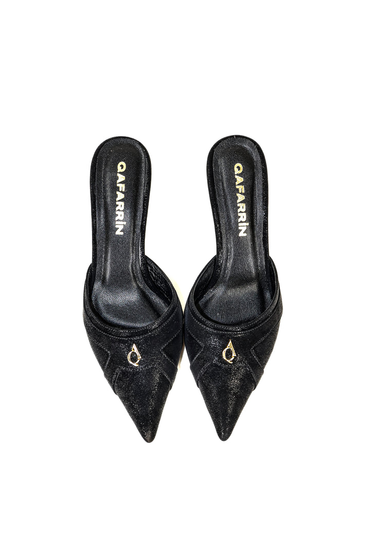 QAFARRIN THÉVRA NOIR ABSOLU – Hakiki Dana Deri 6 CM Kitten Heel Mule