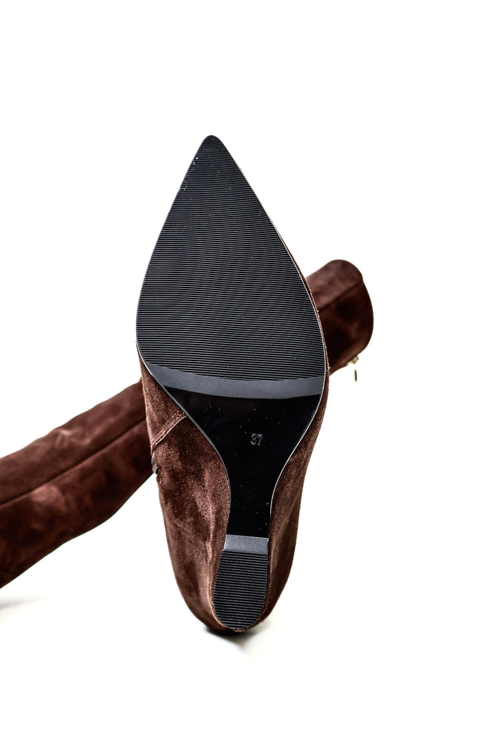 QAFARRIN VYREN – Deep Espresso Brown Hakiki Dana Süet Deri Sculptural Wedge Çizme