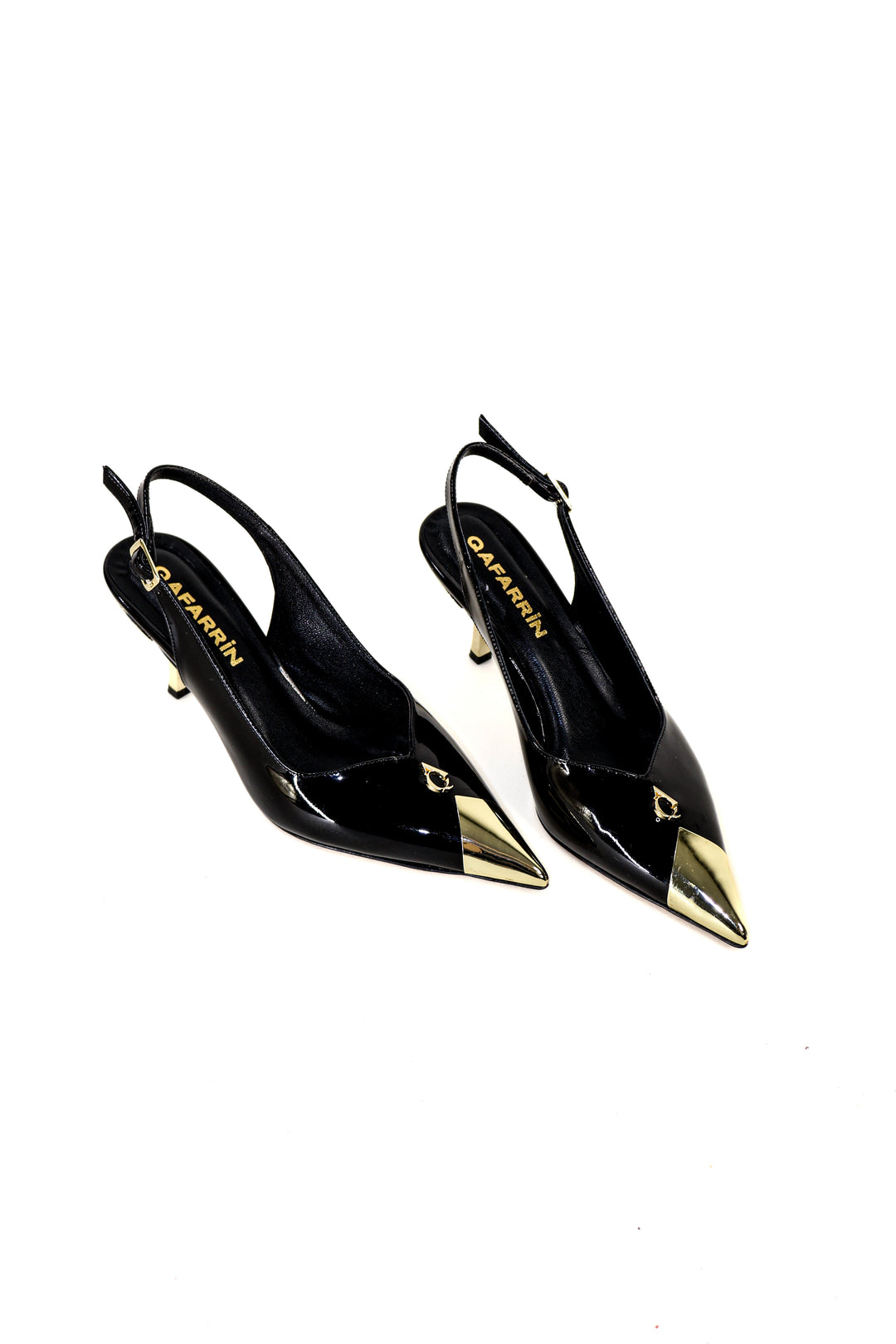 QAFARRIN RIVA NOIR – Siyah Rugan Hakiki Dana Deri Altın Burun Detaylı 6 CM Kitten Heel Slingback