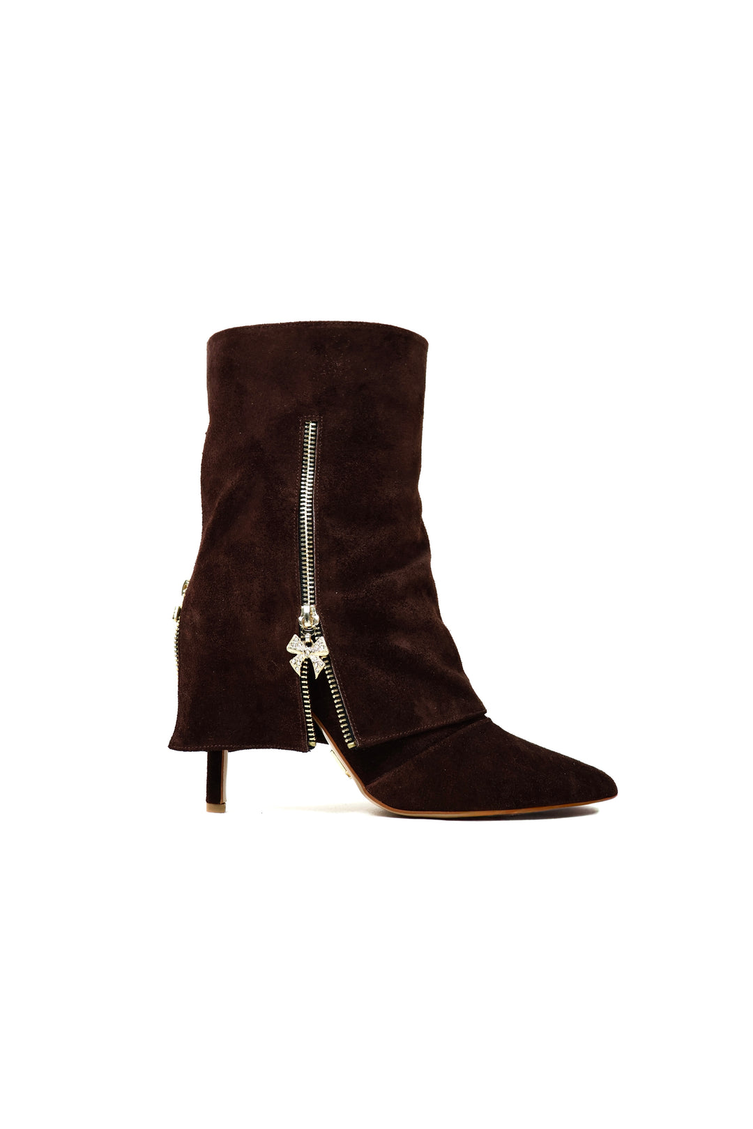 QAFARRIN NÉLIA – Chocolate Brown Hakiki Dana Süet Deri Kristal Fiyonk Detaylı Stiletto Bot