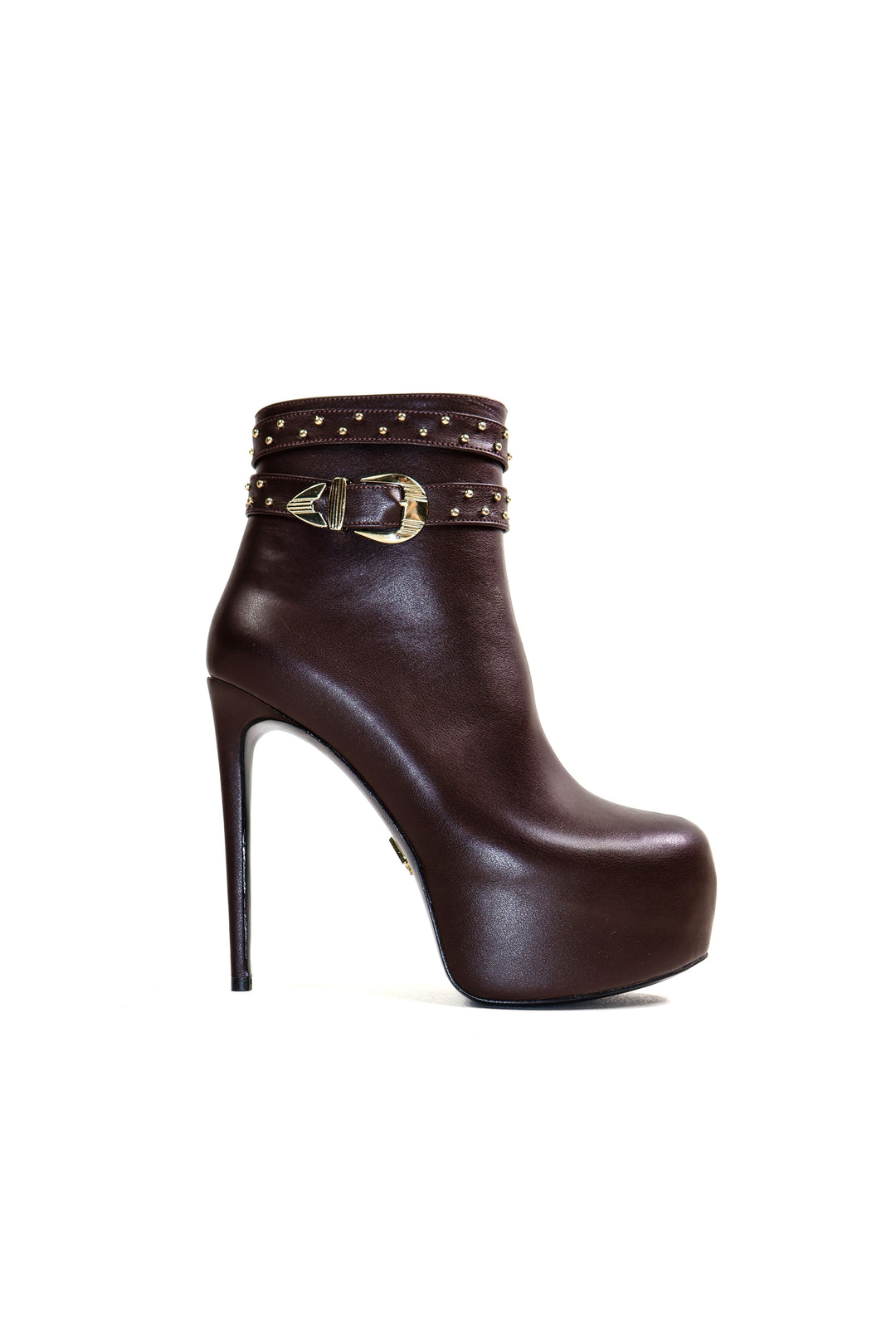 QAFARRIN DRAZÉ – Deep Espresso Brown Hakiki Dana Deri Gold Stud &amp; Metal Hardware Detaylı Platform Bot