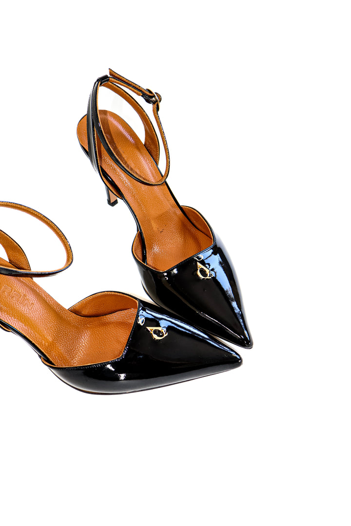 QAFARRIN AMBRÉA NOIR – Siyah Rugan Hakiki Dana Deri Slingback Stiletto
