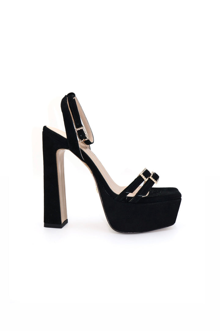 Qafarrin SVELTA – Black Genuine Calfskin Velvet Platform Heeled Sandals
