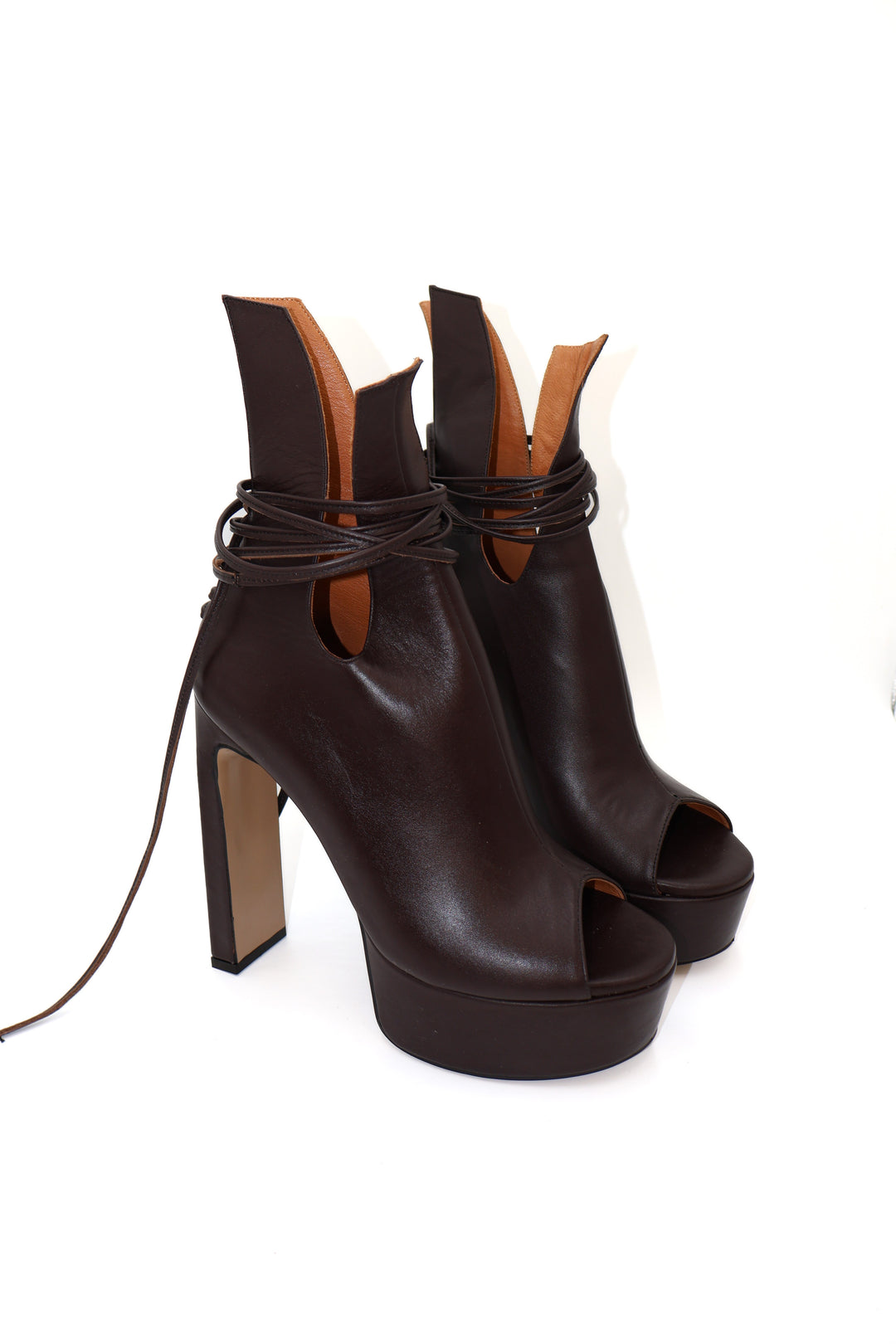 Qafarrin OBSCURA – Acı Kahve Hakiki Dana Deri Bağcıklı Platform Peep Toe Bootie