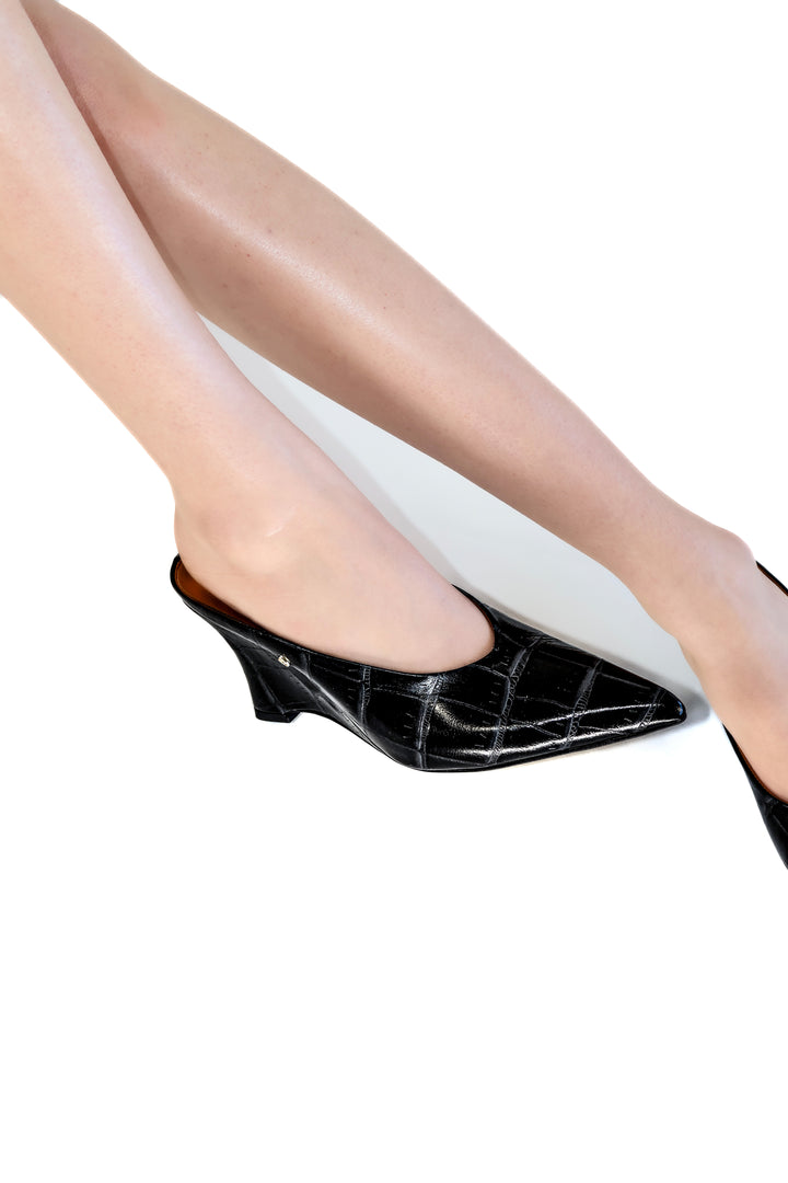 QAFARRIN VORY – Noir Croco Emboss Rugan Prime Cut Hakiki Dana Deri Sculpted Mule