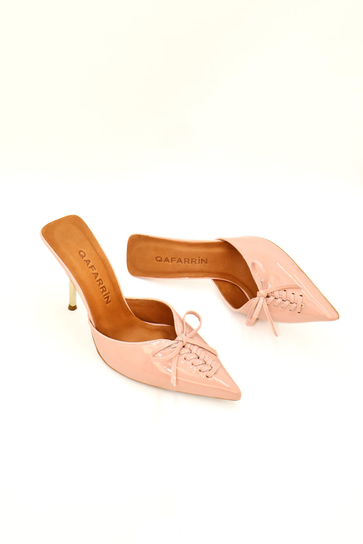 Qafarrin VIOLA ROSE – Pudra Pembe Rugan Hakiki Dana Deri Mule Stiletto