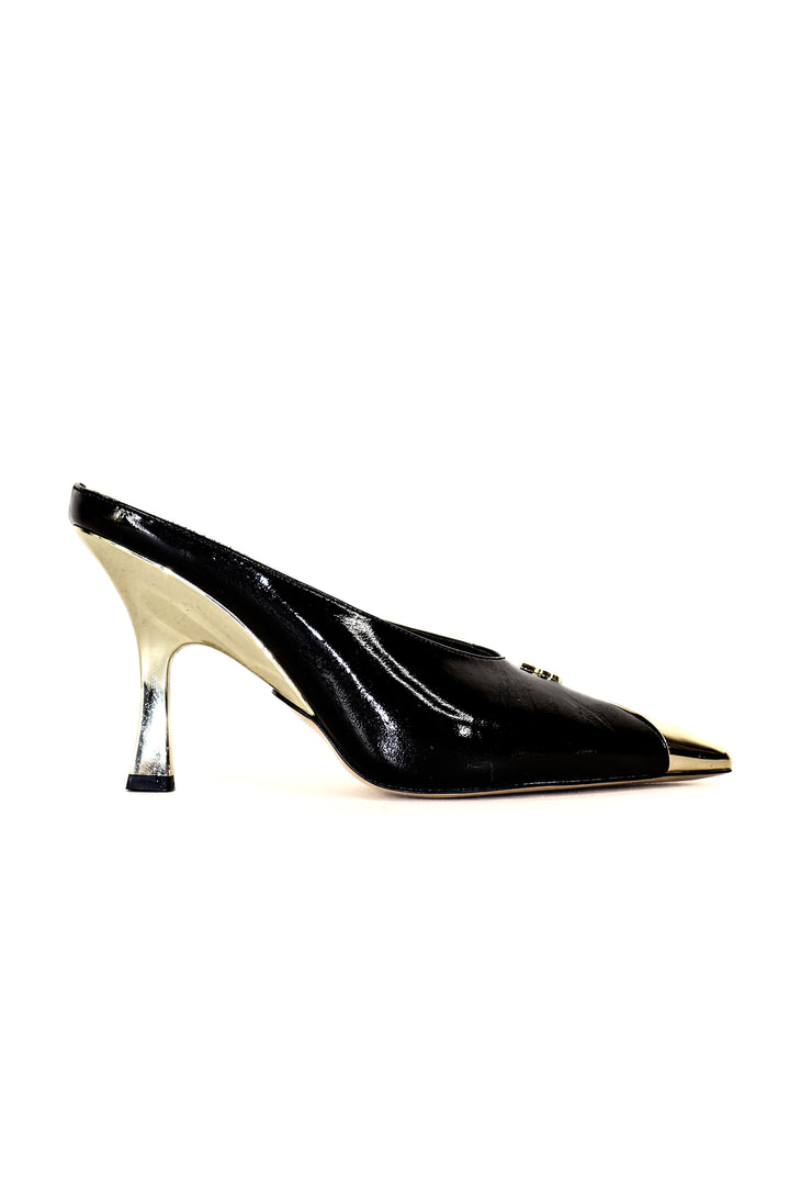 QAFARRIN DOMINA NOIR IMPÉRIAL – Hakiki Dana Deri Altın Burun Detaylı Kitten Heel Mule
