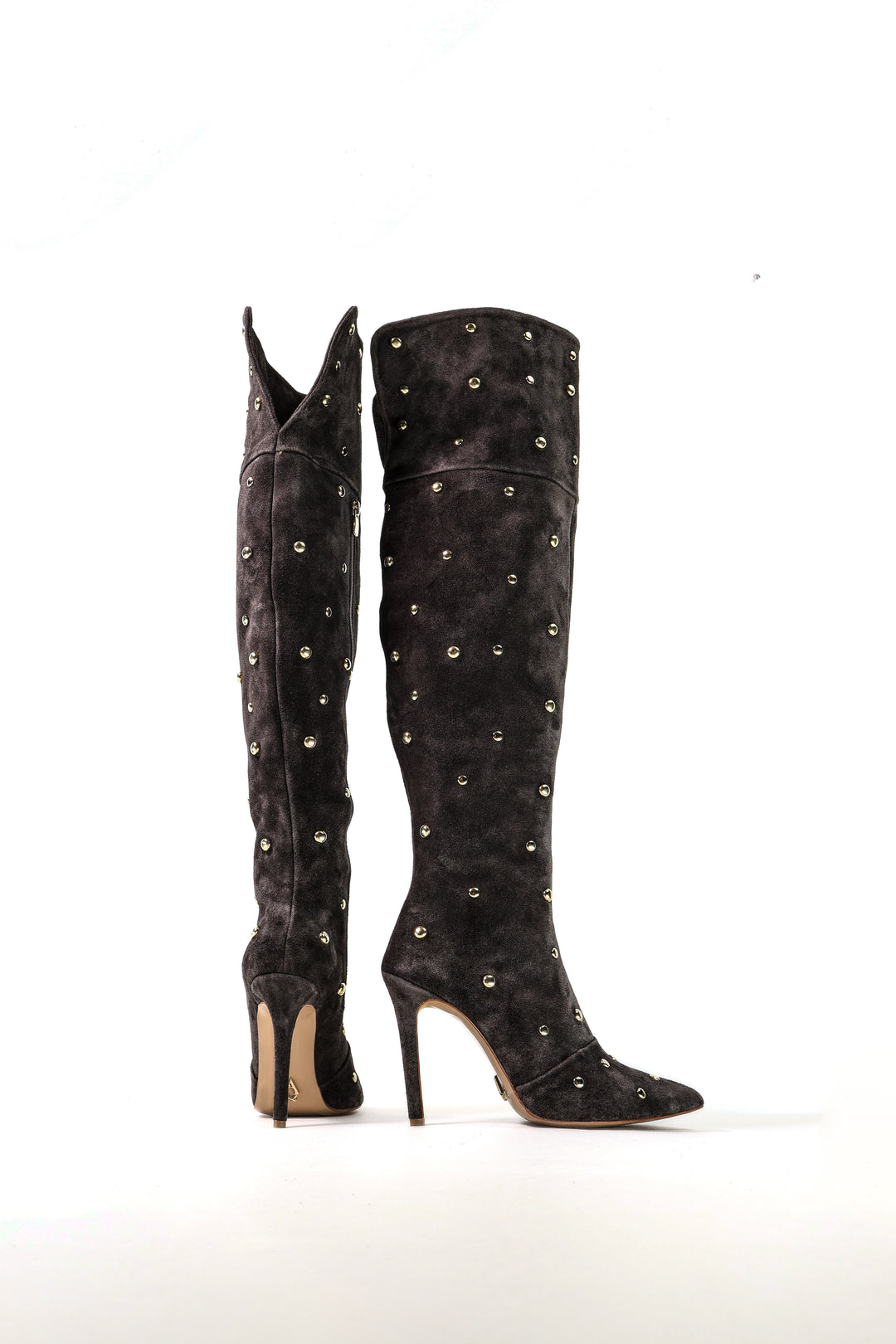 QAFARRIN VETTA – Deep Espresso Brown Hakiki Dana Süet Deri Gold Stud Stiletto Çizme