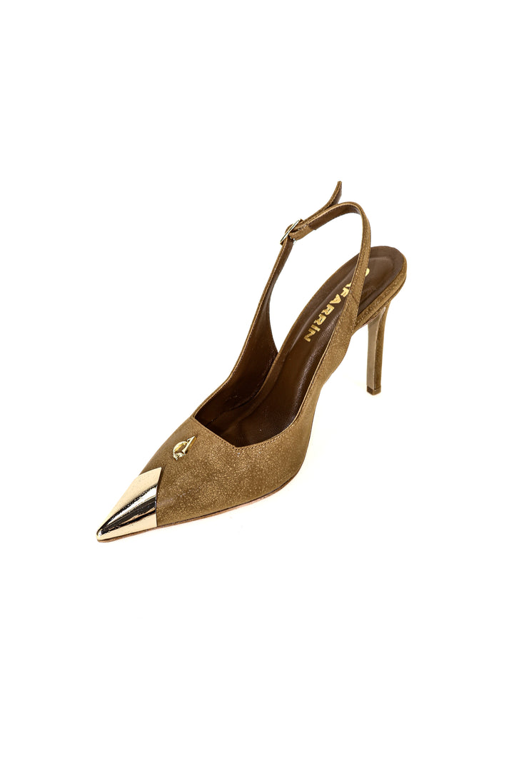 QAFARRIN CROWN SABLE DORÉ – Hakiki Dana Deri Altın Burun Detaylı Slingback Stiletto