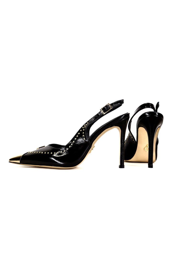 Qafarrin ARYSSE – Siyah Rugan Hakiki Dana Derisi Gold Detaylı Slingback Stiletto