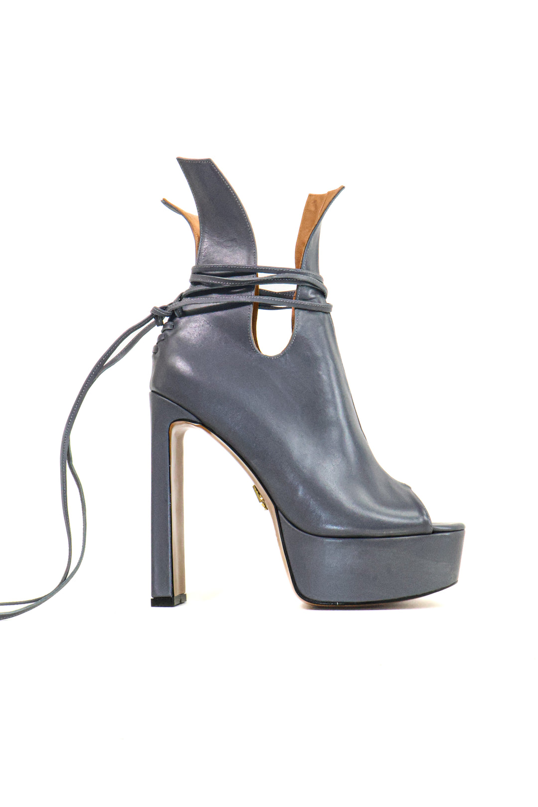 QAFARRIN OBSCURA – Graphite Grey Hakiki Dana Deri Bağcıklı Platform Peep Toe Bootie