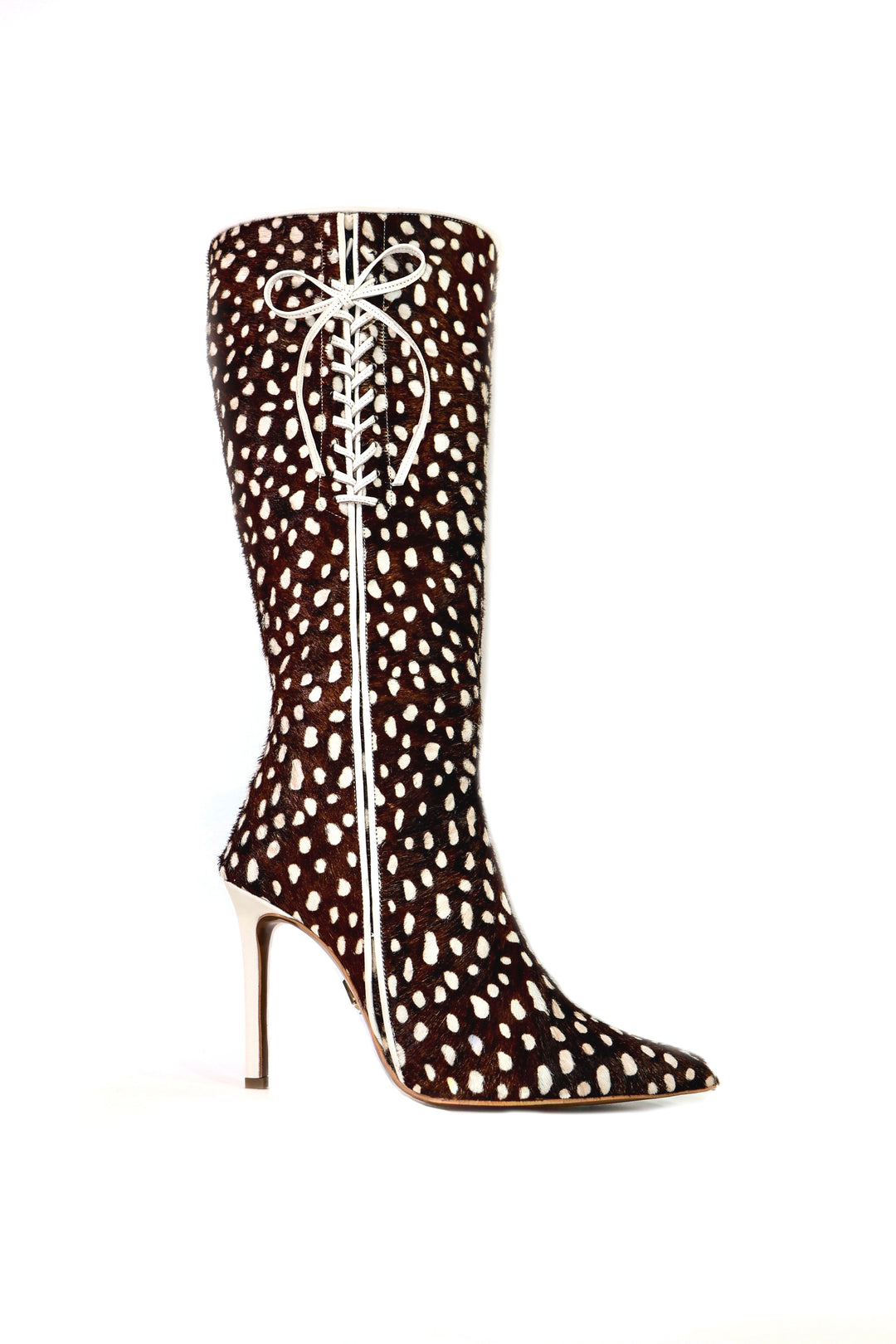 QAFARRIN LILLET – Bambi Print Chocolate Brown Hakiki Tay Tüyü Bağcık Detaylı Stiletto Diz Altı Çizme