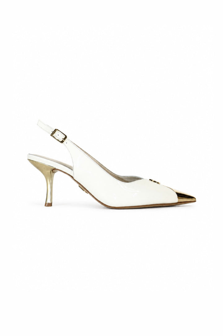 QAFARRIN RIVA – Beyaz Hakiki Dana Deri Altın Burun Detaylı 6 CM Kitten Heel Slingback
