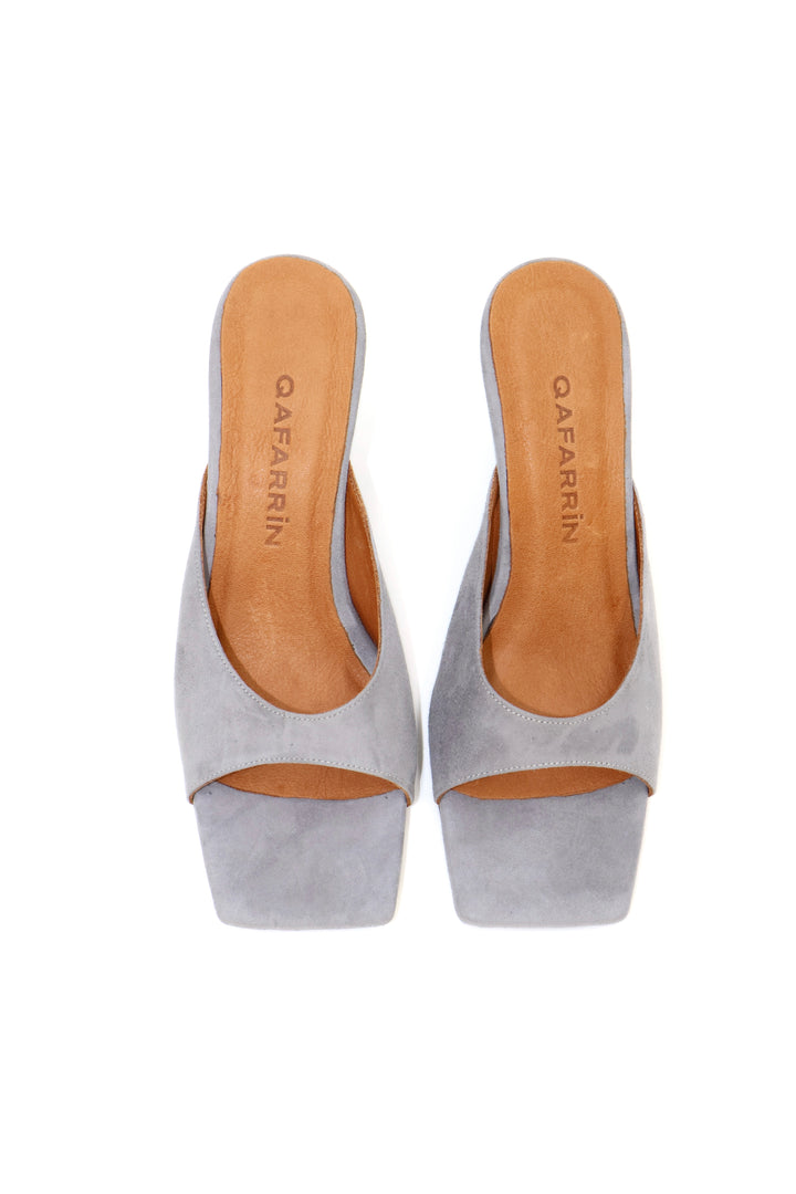 Qafarrin SYRAH – Ice Blue Suede Genuine Leather 6 cm Heel Mule Slippers