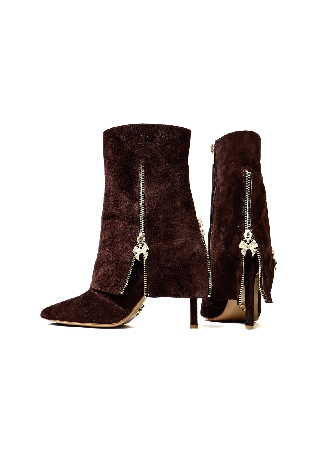 QAFARRIN NÉLIA – Chocolate Brown Hakiki Dana Süet Deri Kristal Fiyonk Detaylı Stiletto Bot